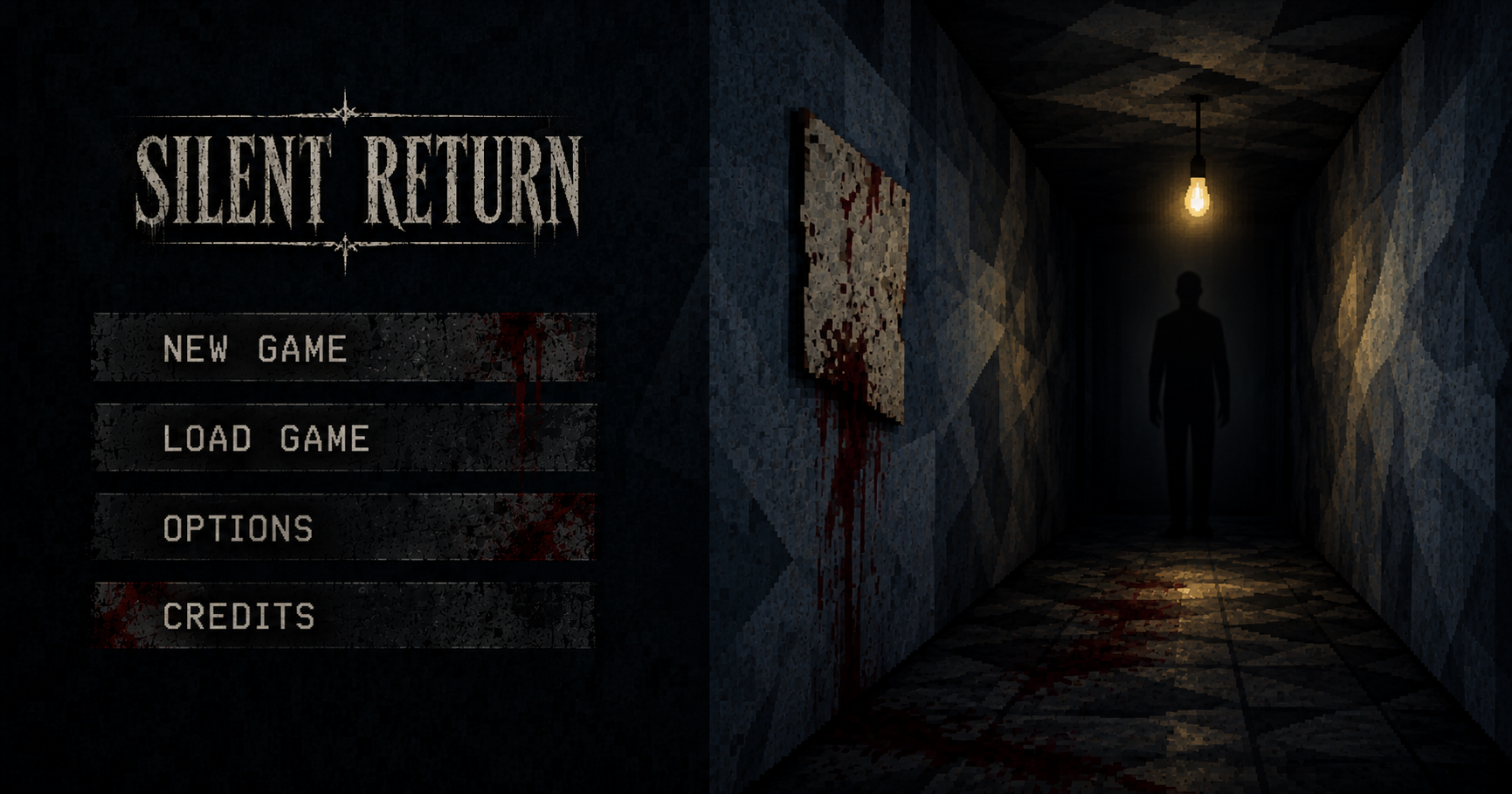 Silent Return title screen: a bloody asylum corridor and a figure under a hanging light